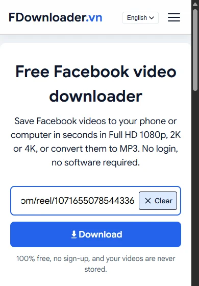 FDownloader.vn on an iPhone screen with a Facebook link pasted into the box and the Download button below it