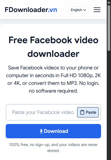 FDownloader.vn online Facebook video downloader on a phone with an empty link box and Download button
