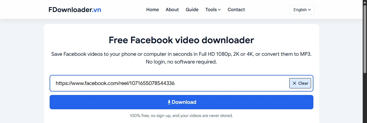 FDownloader.vn on a desktop browser with a Facebook video link pasted, ready to download without software