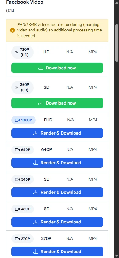 List of MP4 quality rows for a Facebook video on a phone with Download now and Render & Download buttons