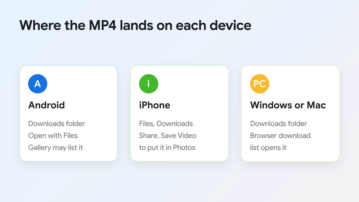Where a saved Facebook MP4 lands on Android, iPhone and a Windows or Mac computer