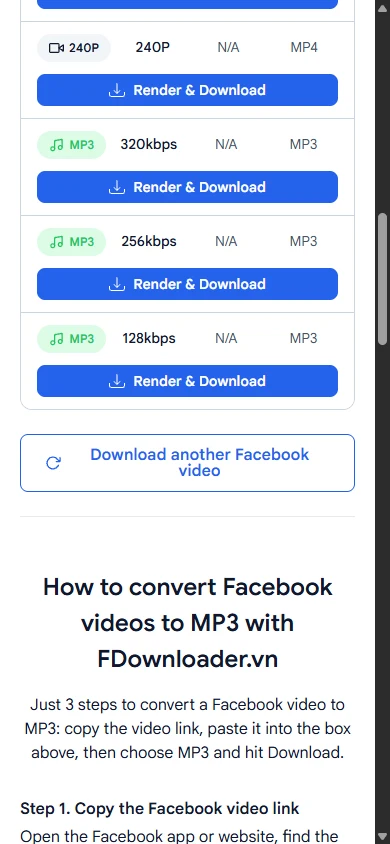 MP3 rows at 320kbps, 256kbps and 128kbps under the MP4 qualities of a Facebook video on a phone