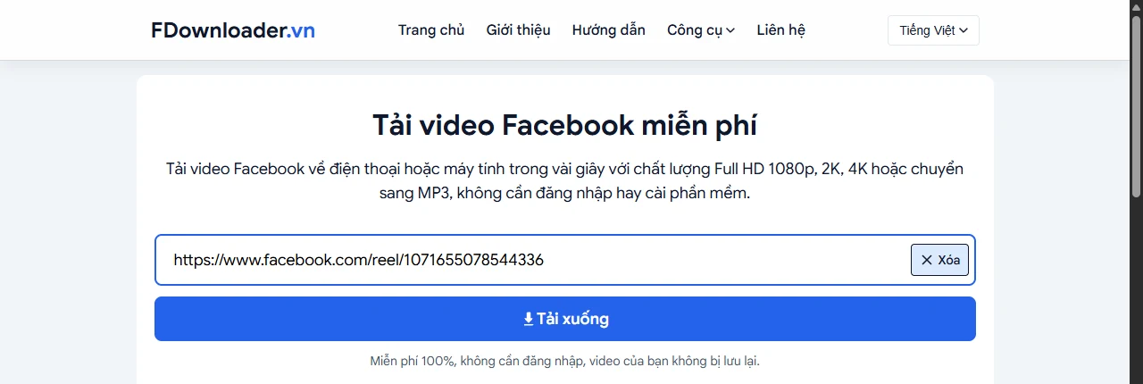 Link video Facebook đã dán vào ô tải của FDownloader.vn trên máy tính trước khi nhấn Tải xuống