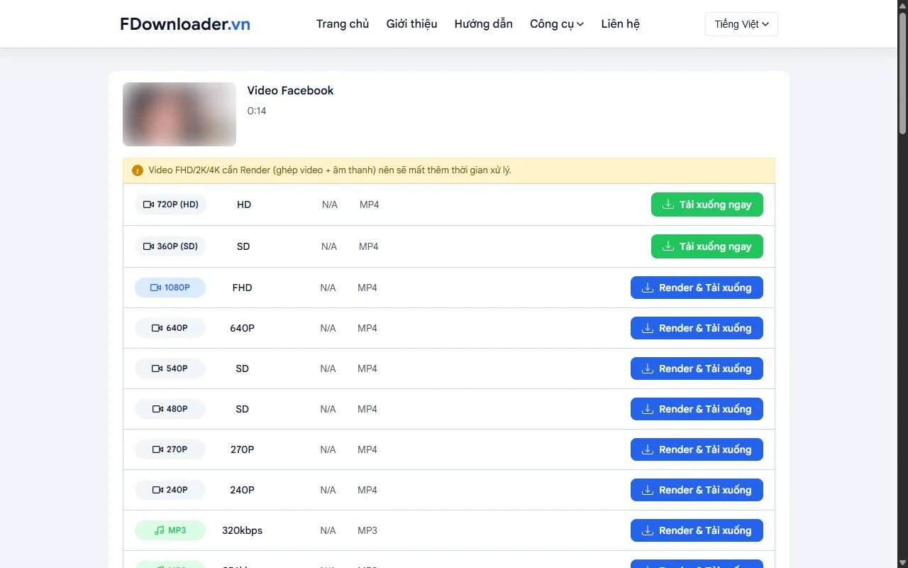 Danh sách chất lượng video Facebook trên FDownloader.vn bản máy tính với nút Tải xuống ngay và Render & Tải xuống