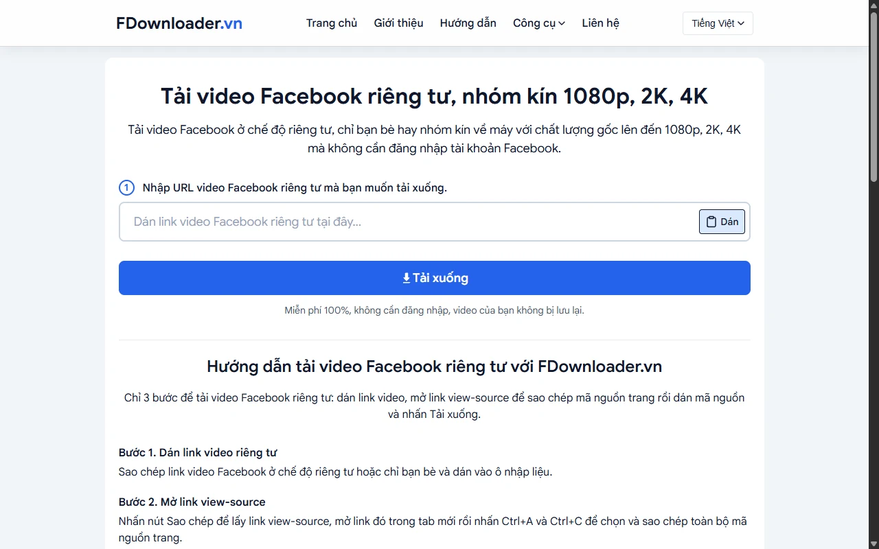 Trang tải video nhóm kín và video riêng tư của FDownloader.vn trên máy tính