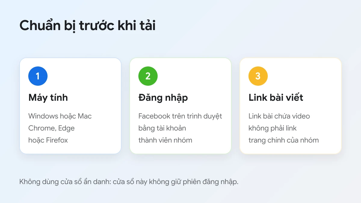 Ba thứ cần chuẩn bị trước khi tải video nhóm kín Facebook về máy tính