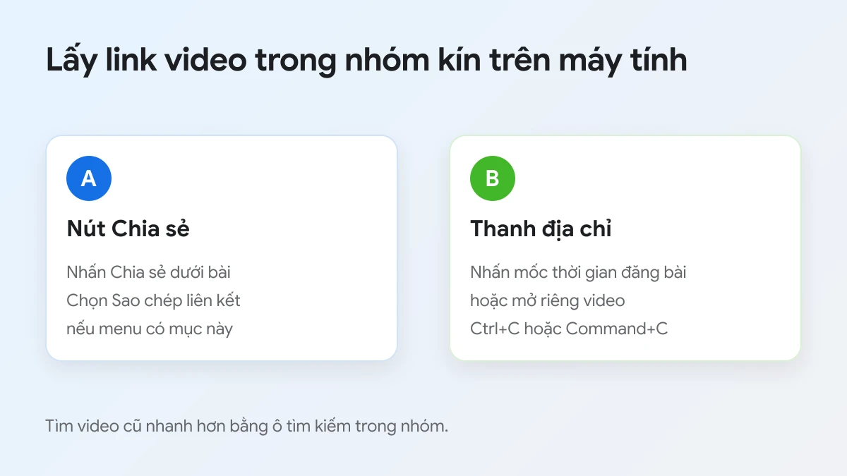 Cách lấy link video trong nhóm kín Facebook trên máy tính bằng nút Chia sẻ hoặc thanh địa chỉ