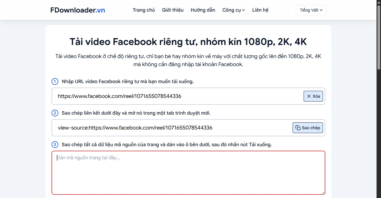 Bước 2 link view-source có nút Sao chép và bước 3 ô dán mã nguồn trang trên FDownloader.vn
