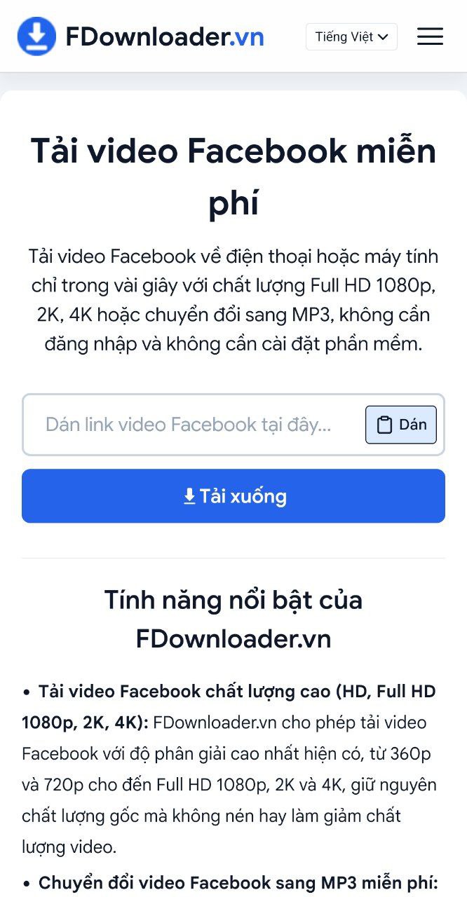 Dán link video Facebook vào ô nhập tại FDownloader.vn trên điện thoại