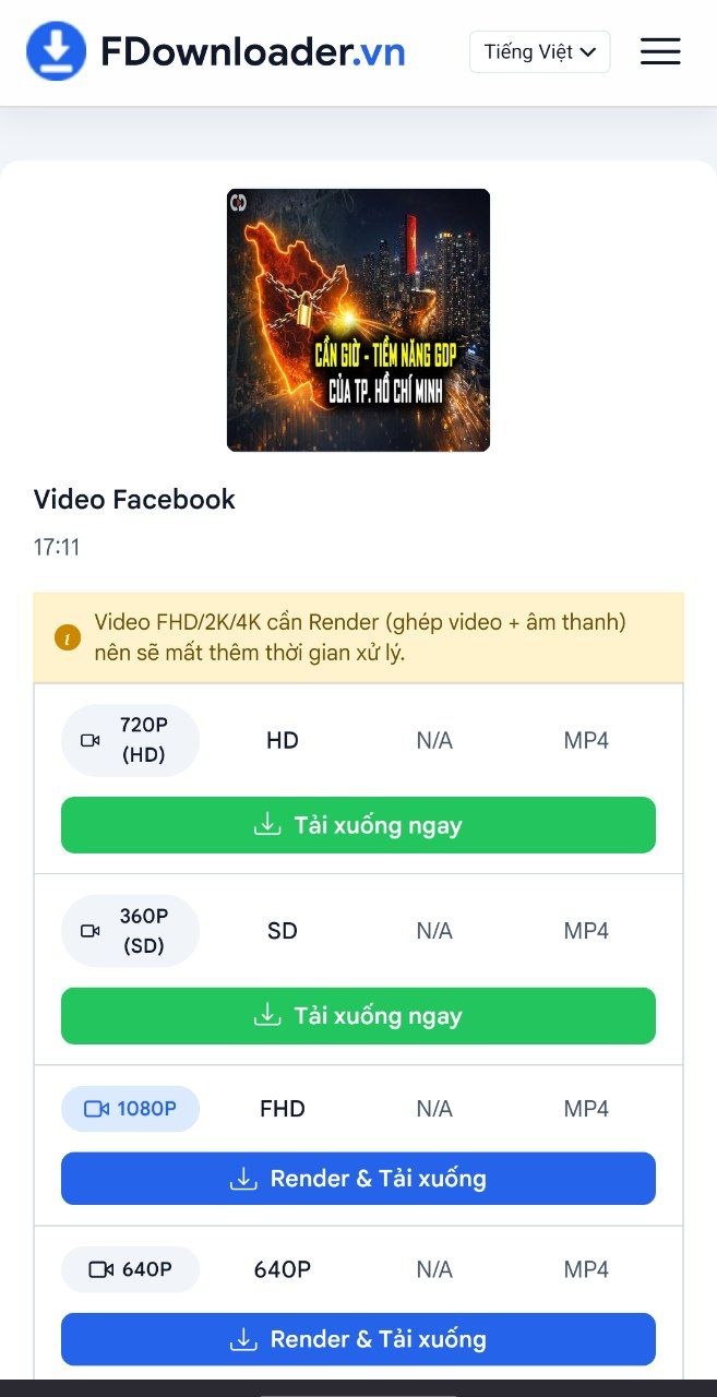 Chọn chất lượng video SD HD 1080p 2K 4K trên FDownloader.vn